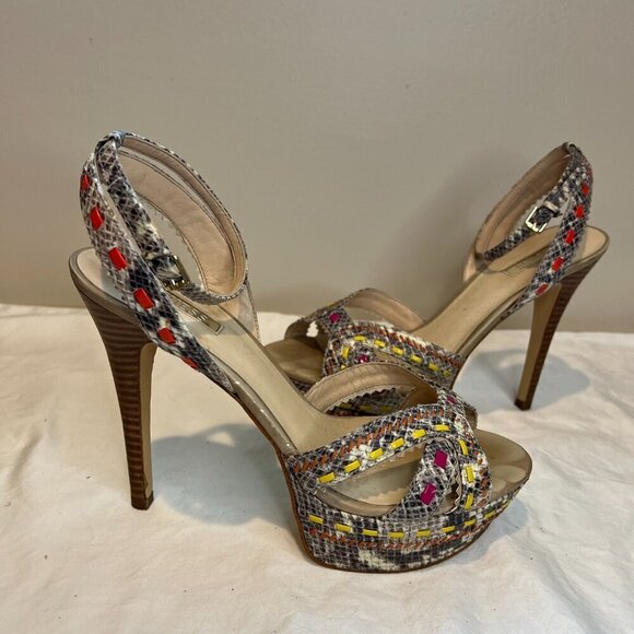 Guess Odonna 2 Platform Open Sandals Multi Ankle Strap Python Heels, Size 8M - Picture 4 of 15